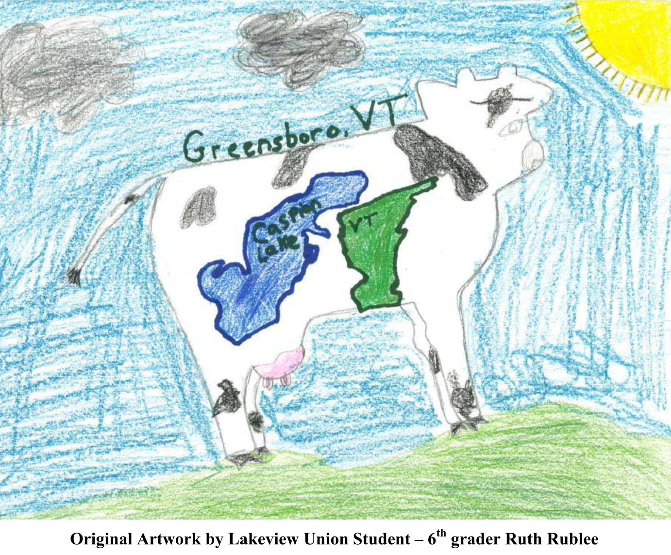 A students color drawing of a cow standing on green grass in the sun with a map of Vermont and Caspian Lake blending in with the cows spots.